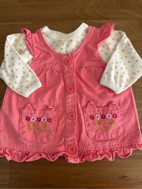 Pink Embroidered Kitty Pocket Dress with Dot Long-Sleeve Shirt Size 6-9M
